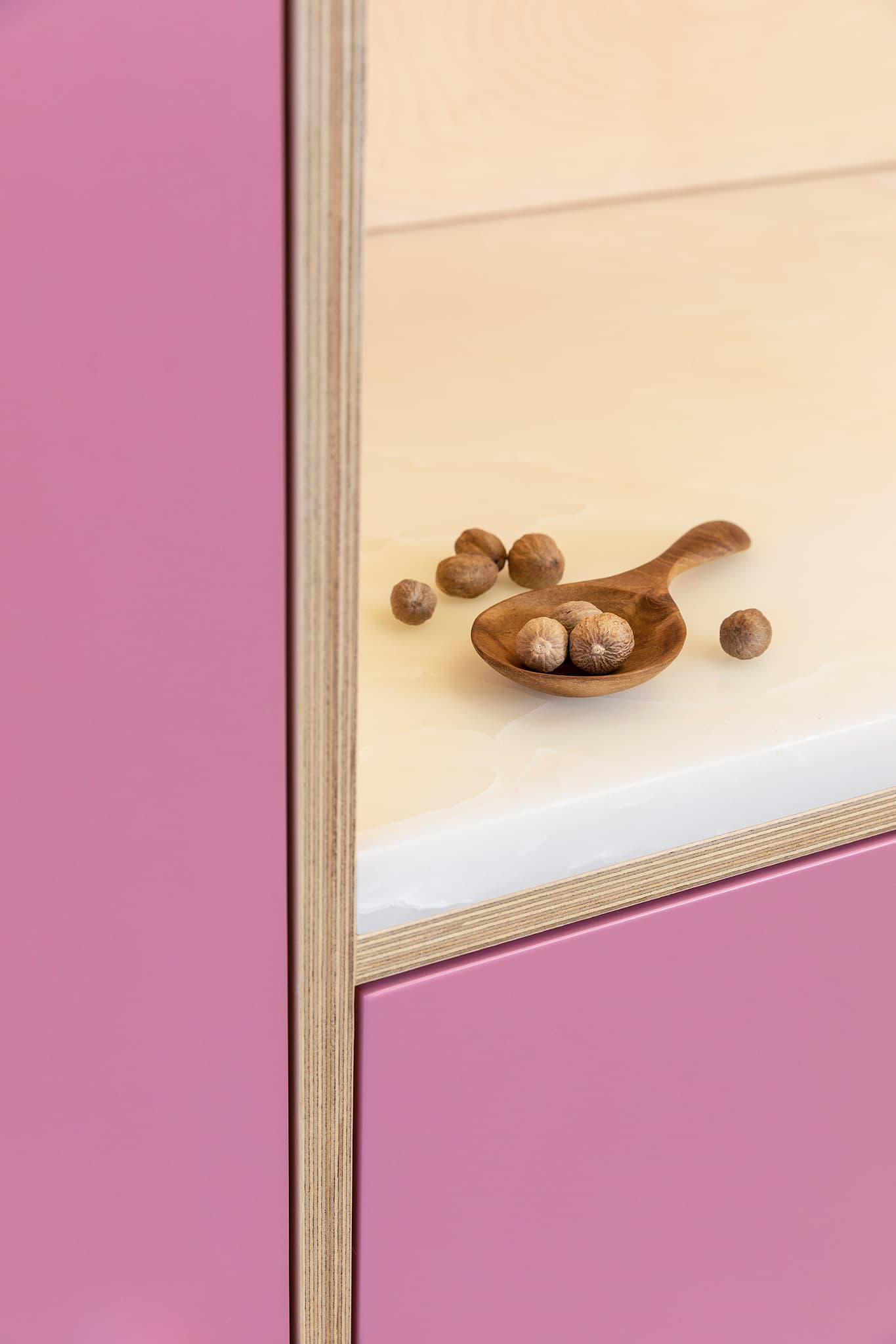 Close-up van het werkblad en de kleurmaterialen in de Pink Dunes keuken